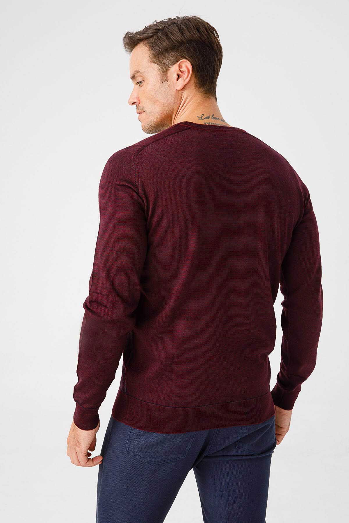 Desen Triko Erkek Önü Çizgili V Yaka Triko Kazak 02421501 Bordo - 4