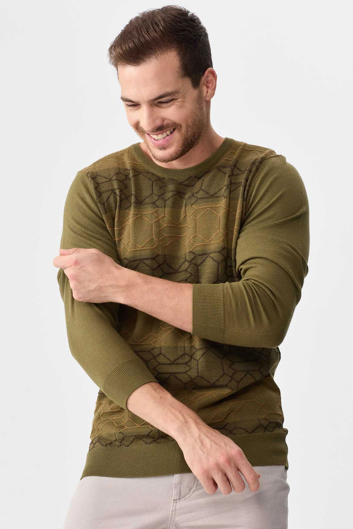 Desen Triko Erkek Önü Desenli Yün Kazak 2611 Haki - 1