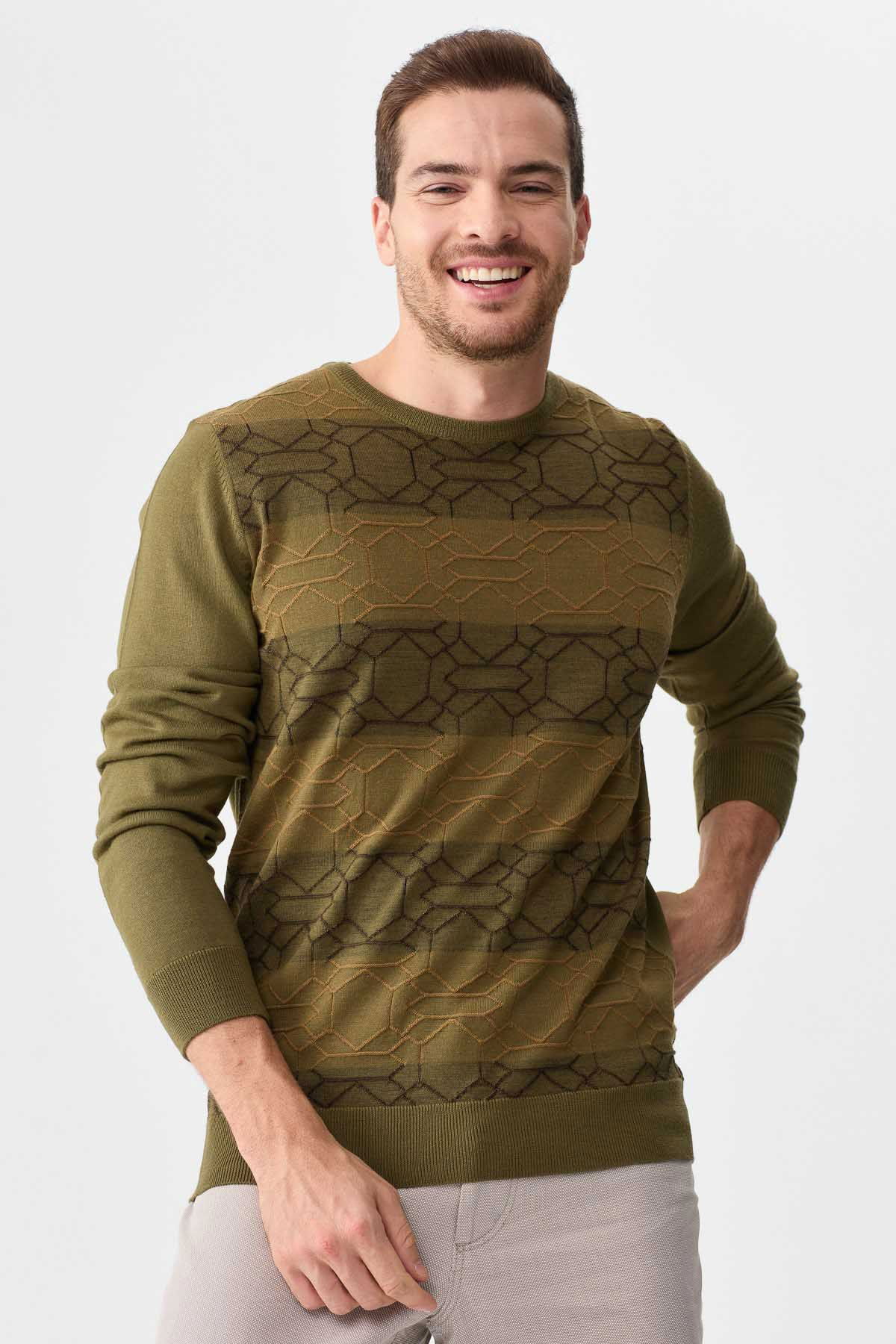 Desen Triko Erkek Önü Desenli Yün Kazak 2611 Haki - 2