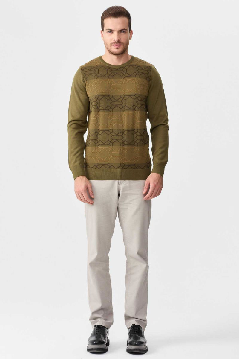 Desen Triko Erkek Önü Desenli Yün Kazak 2611 Haki - 3
