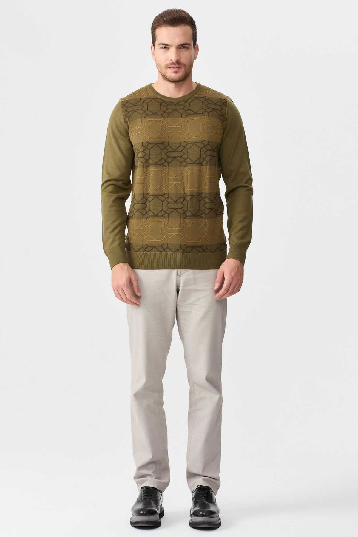 Desen Triko Erkek Önü Desenli Yün Kazak 2611 Haki - 3