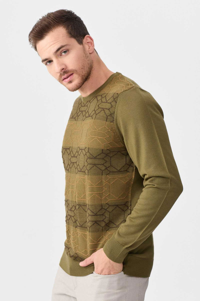 Desen Triko Erkek Önü Desenli Yün Kazak 2611 Haki - 4