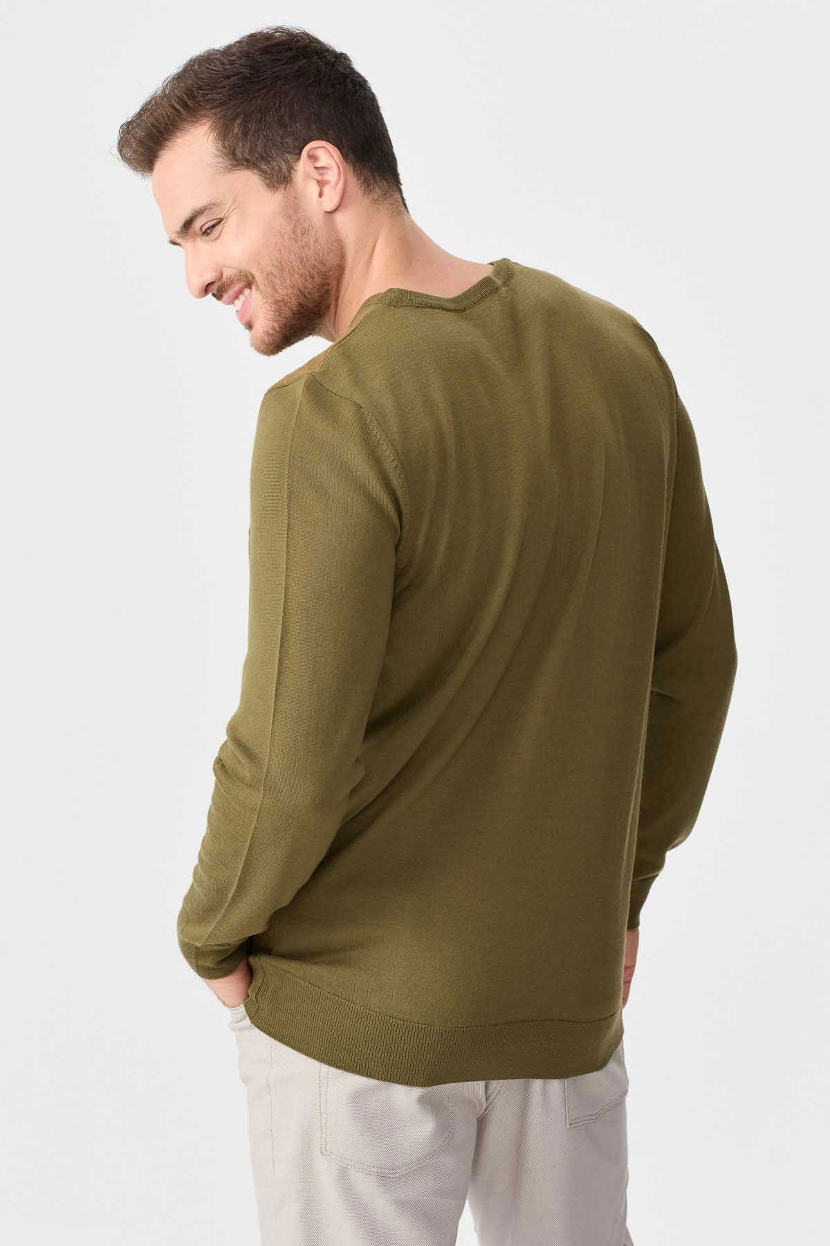 Desen Triko Erkek Önü Desenli Yün Kazak 2611 Haki - 5