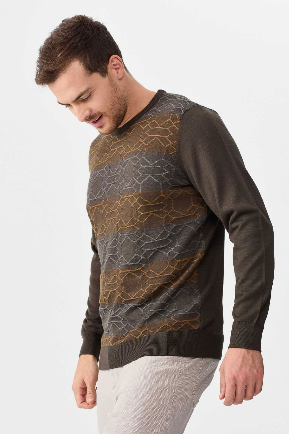 Desen Triko Erkek Önü Desenli Yün Kazak 2611 Kahverengi - 1