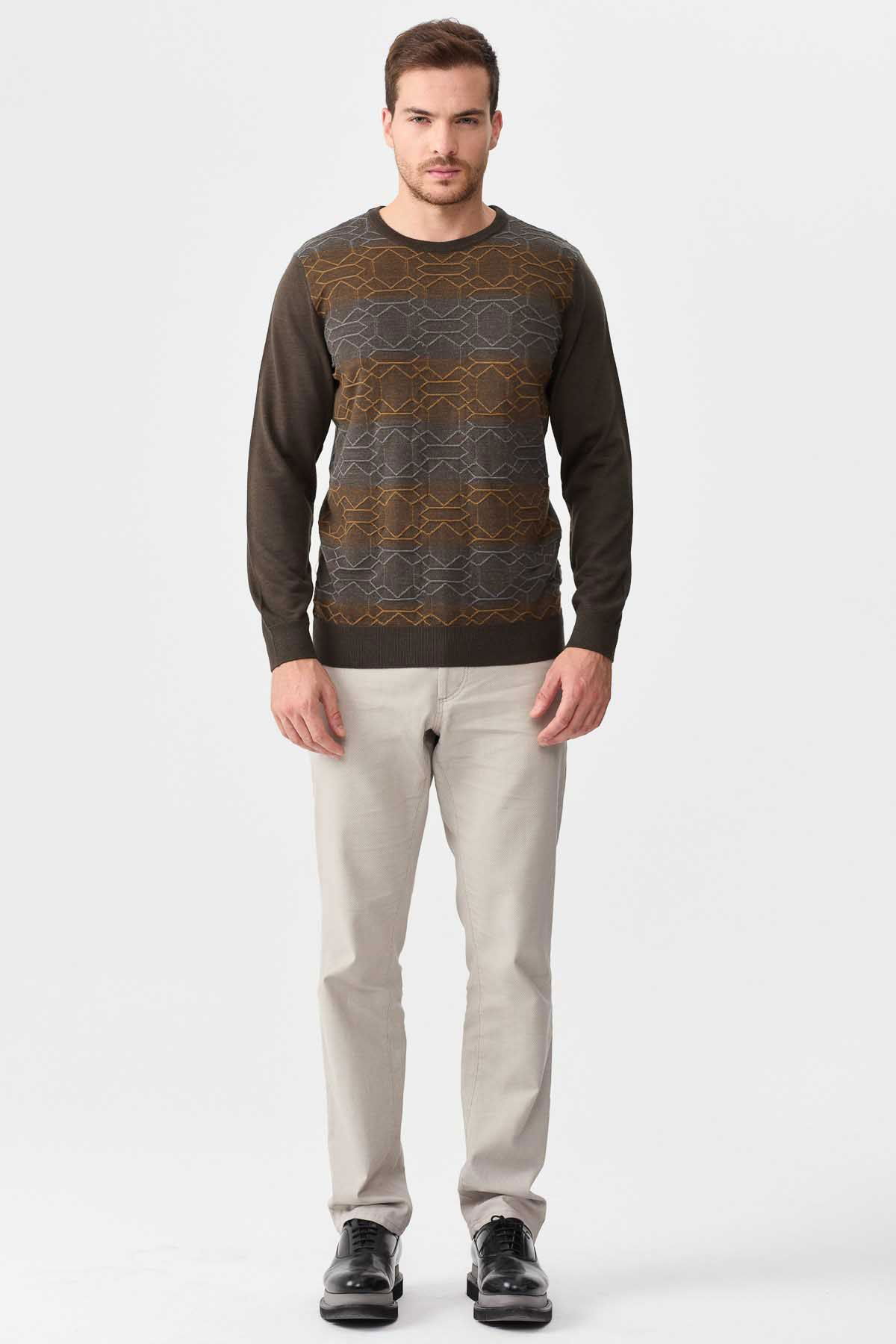 Desen Triko Erkek Önü Desenli Yün Kazak 2611 Kahverengi - 2