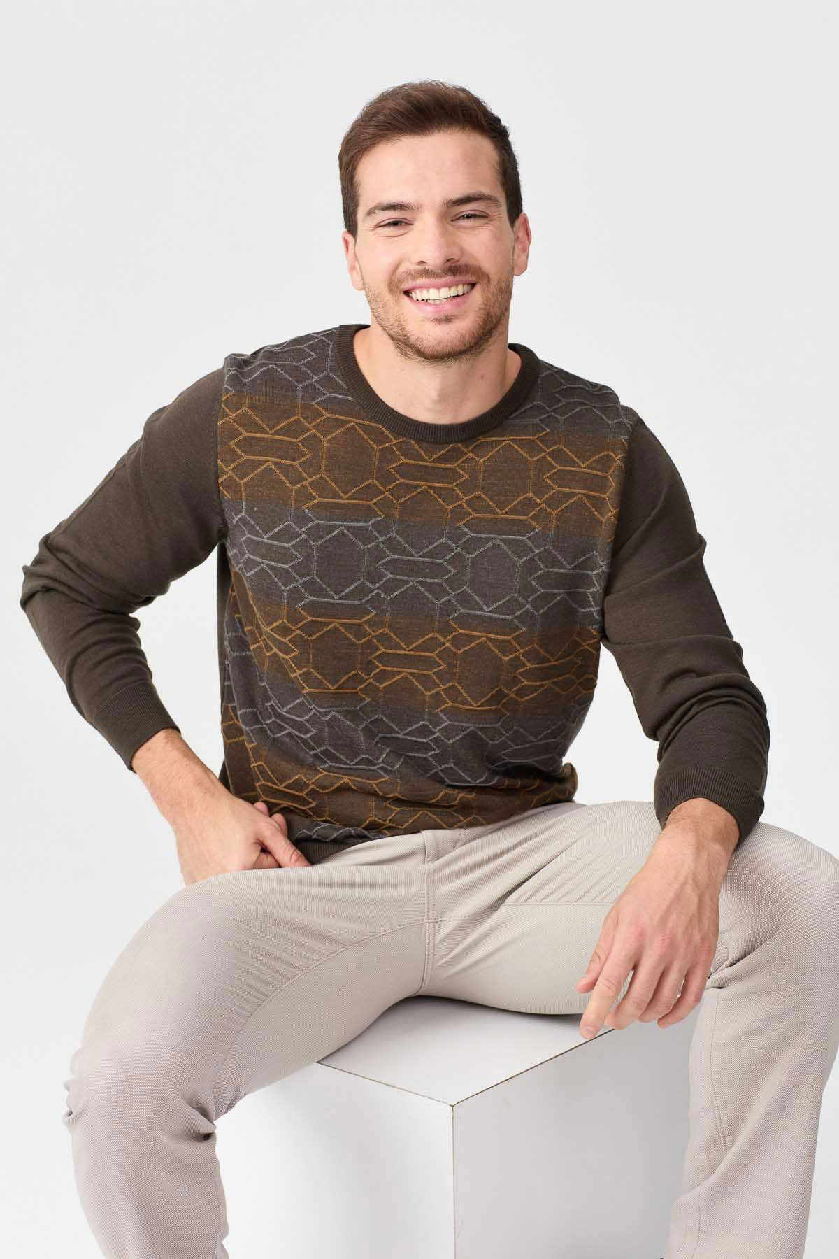 Desen Triko Erkek Önü Desenli Yün Kazak 2611 Kahverengi - 3