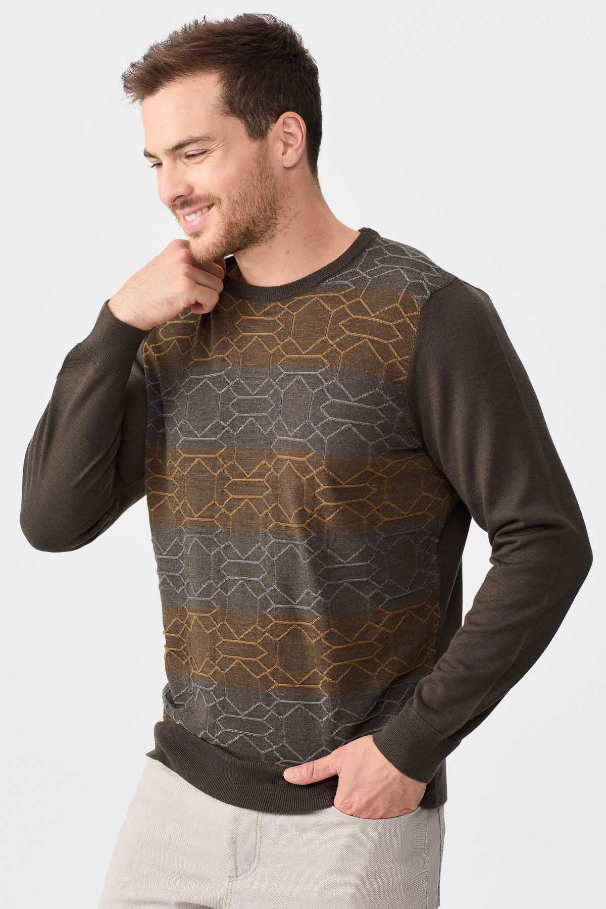 Desen Triko Erkek Önü Desenli Yün Kazak 2611 Kahverengi - 4
