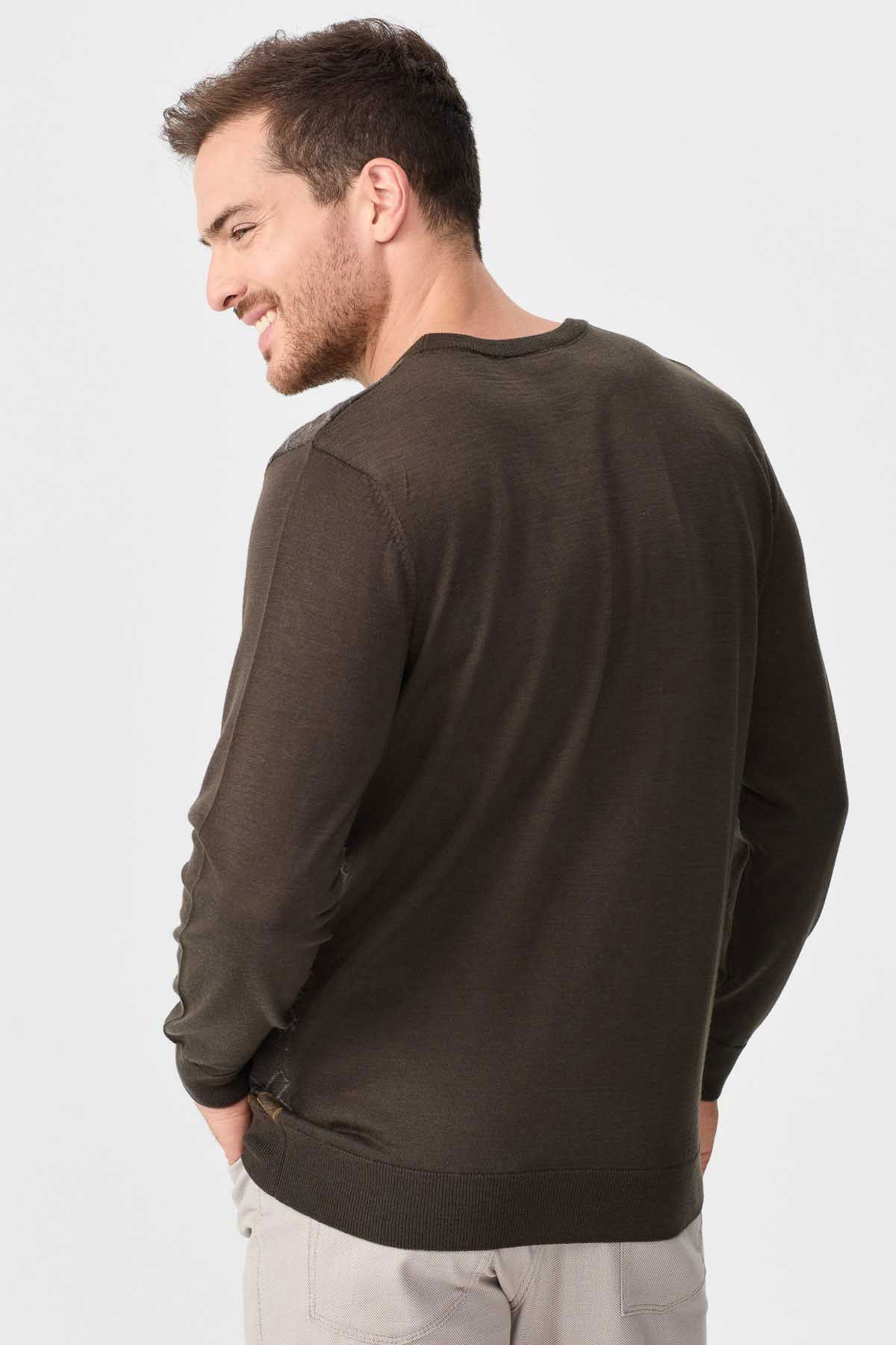 Desen Triko Erkek Önü Desenli Yün Kazak 2611 Kahverengi - 5