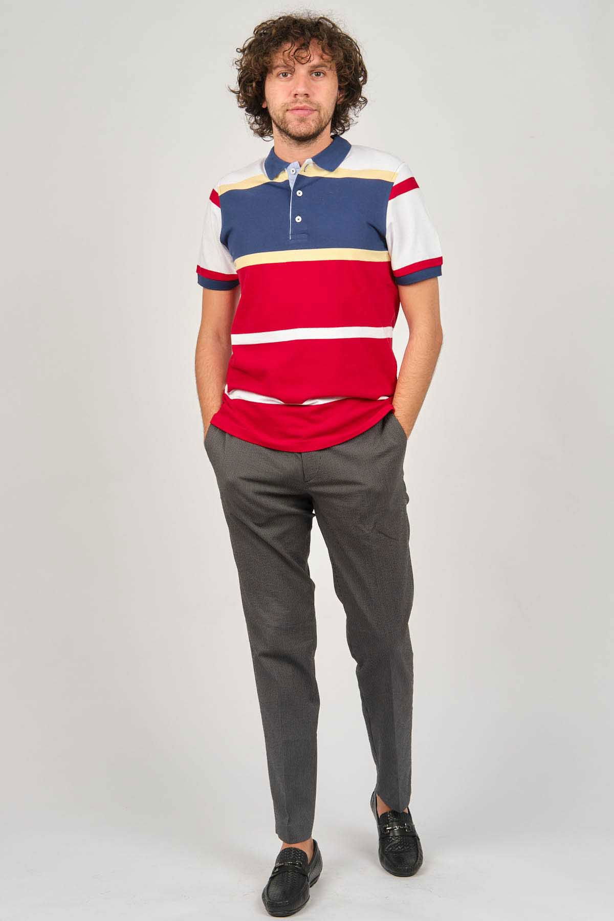 Desen Triko Erkek Polo Yaka Blok Desenli T-Shirt 0249821 Indigo - 2