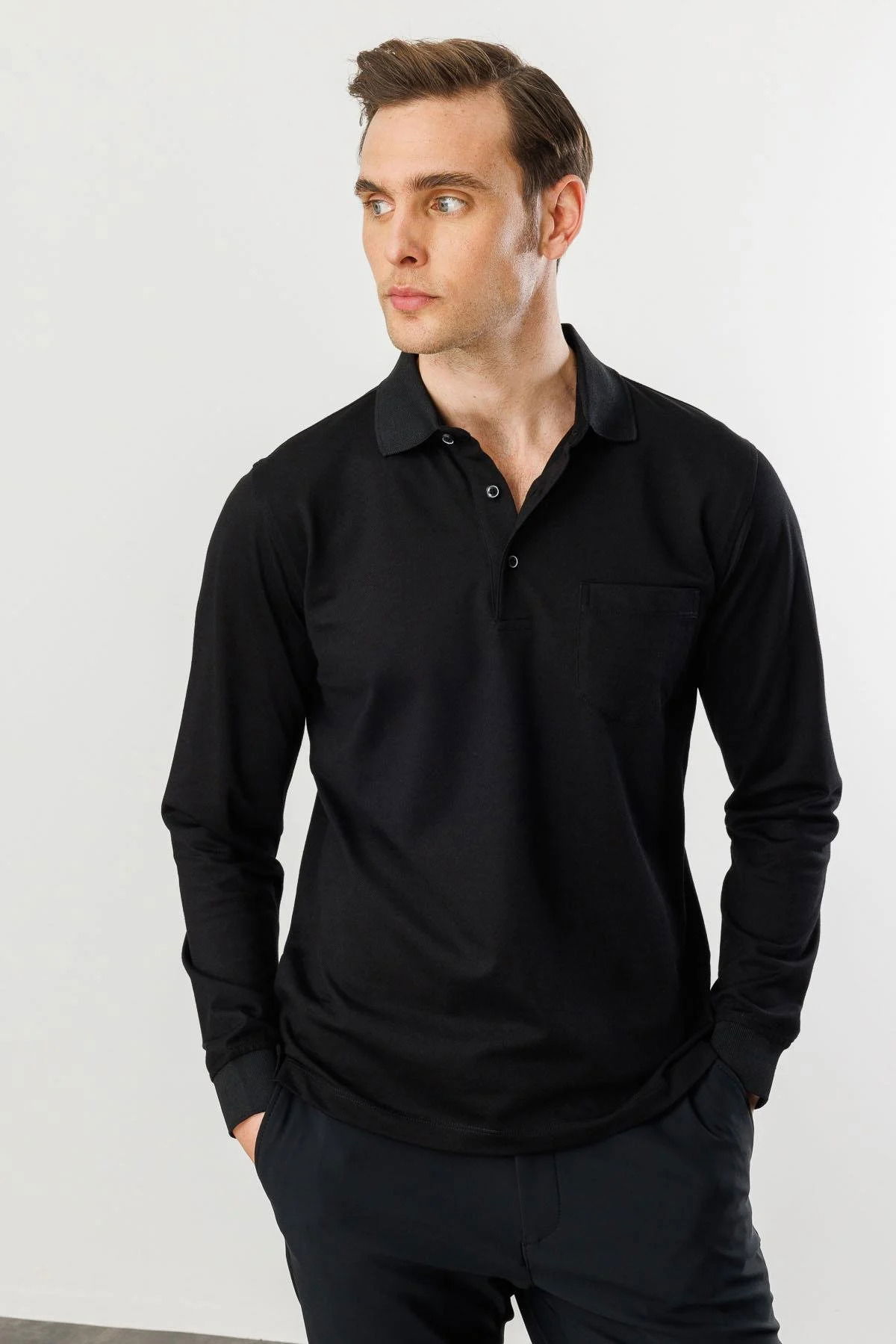 Desen Triko Erkek Polo Yaka Cepli Uzun Kollu Sweatshirt 980 Siyah - 1