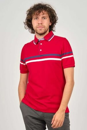 Desen Triko Erkek Polo Yaka Çizgi Detaylı T-Shirt 0249814 Kırmızı - 1