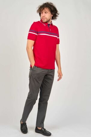 Desen Triko Erkek Polo Yaka Çizgi Detaylı T-Shirt 0249814 Kırmızı - 2