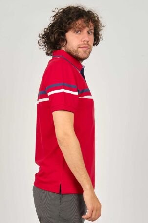 Desen Triko Erkek Polo Yaka Çizgi Detaylı T-Shirt 0249814 Kırmızı - 4