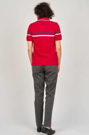 Desen Triko Erkek Polo Yaka Çizgi Detaylı T-Shirt 0249814 Kırmızı - 5