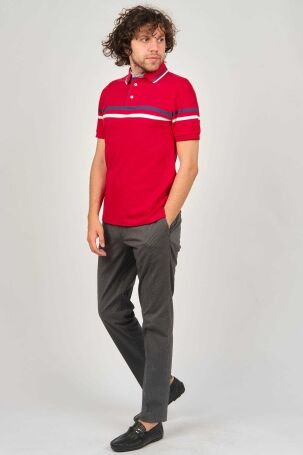 Desen Triko Erkek Polo Yaka Çizgi Detaylı T-Shirt 0249814 Kırmızı - 6