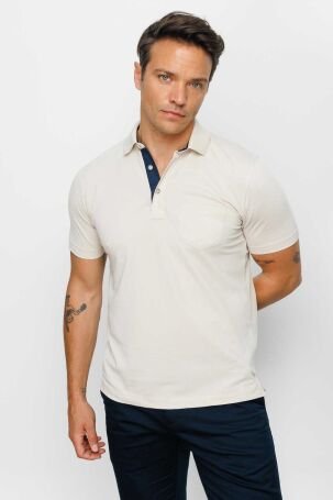 Desen Triko Erkek Polo Yaka Düğmeli Cepli T-Shirt 23201 Taş - 1