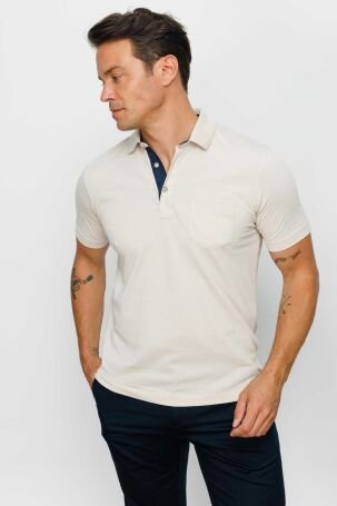 Desen Triko Erkek Polo Yaka Düğmeli Cepli T-Shirt 23201 Taş - 3