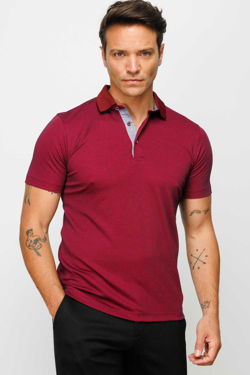 Desen Triko Erkek Polo Yaka T-Shirt 23301 Bordo - 3