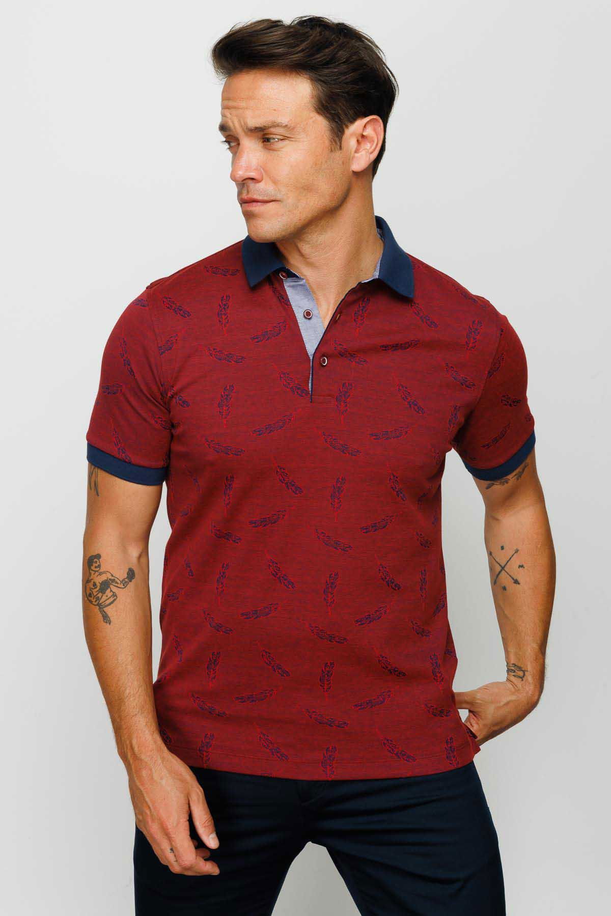 Desen Triko Erkek Polo Yaka Tüy Desenli T-Shirt 23825 Bordo - 1