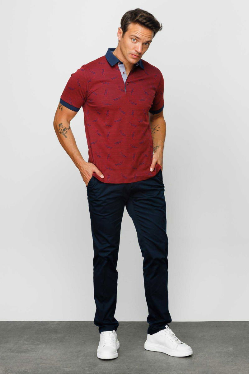 Desen Triko Erkek Polo Yaka Tüy Desenli T-Shirt 23825 Bordo - 2