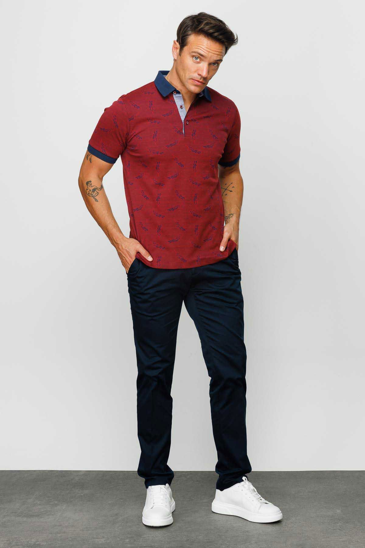 Desen Triko Erkek Polo Yaka Tüy Desenli T-Shirt 23825 Bordo - 2