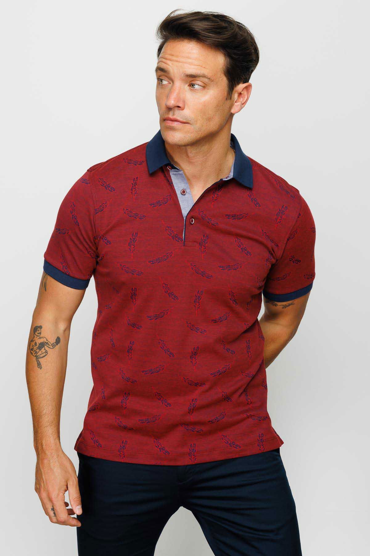 Desen Triko Erkek Polo Yaka Tüy Desenli T-Shirt 23825 Bordo - 3