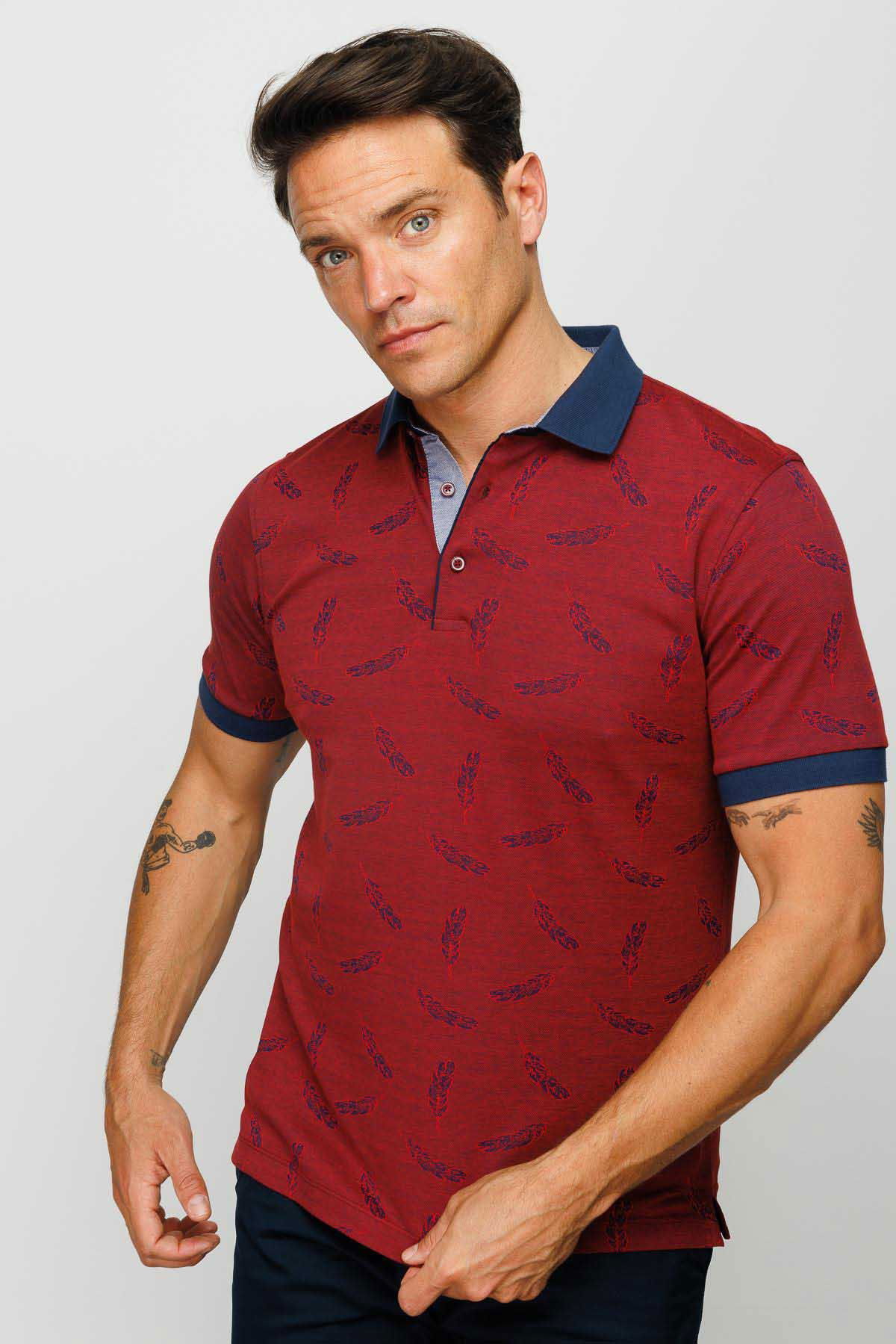 Desen Triko Erkek Polo Yaka Tüy Desenli T-Shirt 23825 Bordo - 4