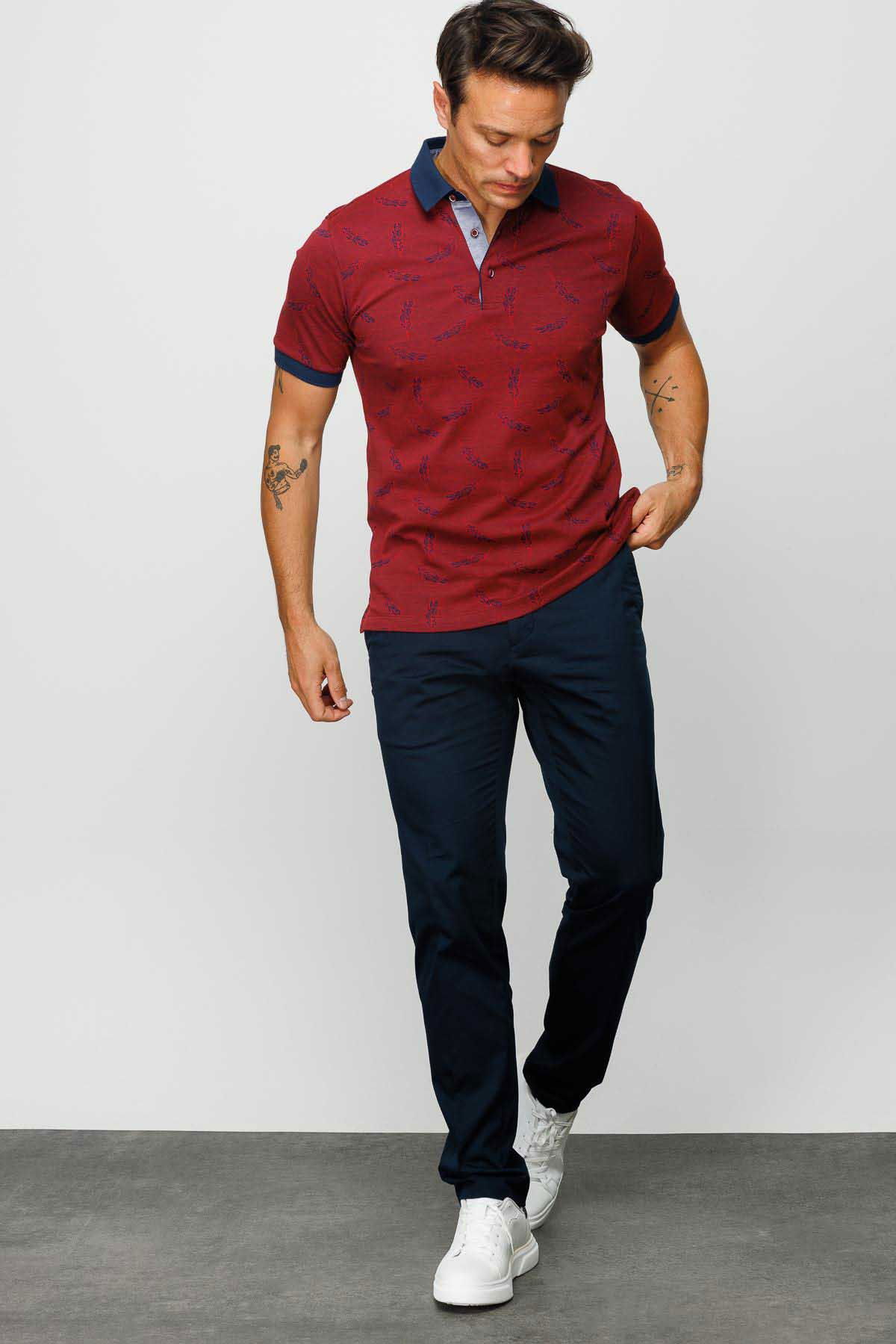 Desen Triko Erkek Polo Yaka Tüy Desenli T-Shirt 23825 Bordo - 6