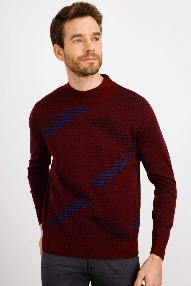 Desen Triko Erkek Renkli Dalga Desenli Yarım Balıkçı İnce Triko Kazak 02421632 Bordo - Desen Triko
