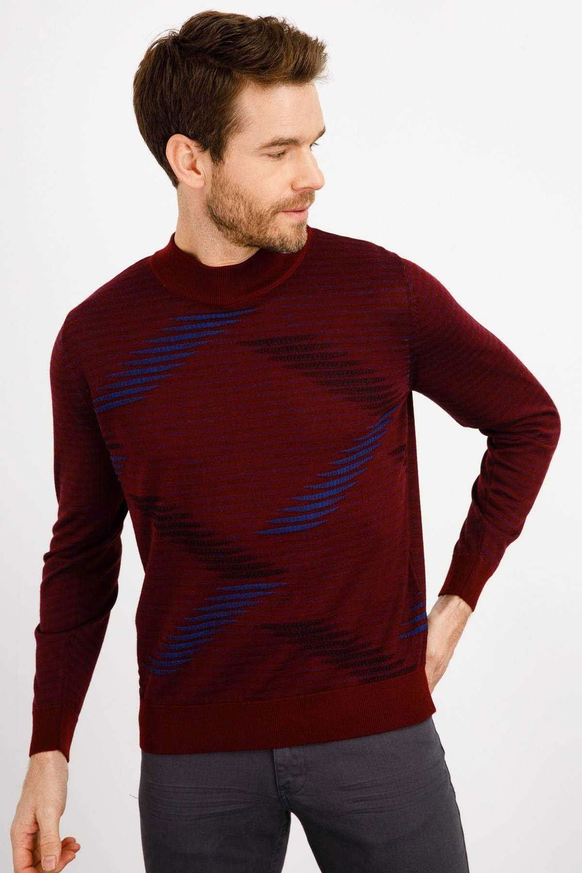 Desen Triko Erkek Renkli Dalga Desenli Yarım Balıkçı İnce Triko Kazak 02421632 Bordo - 2