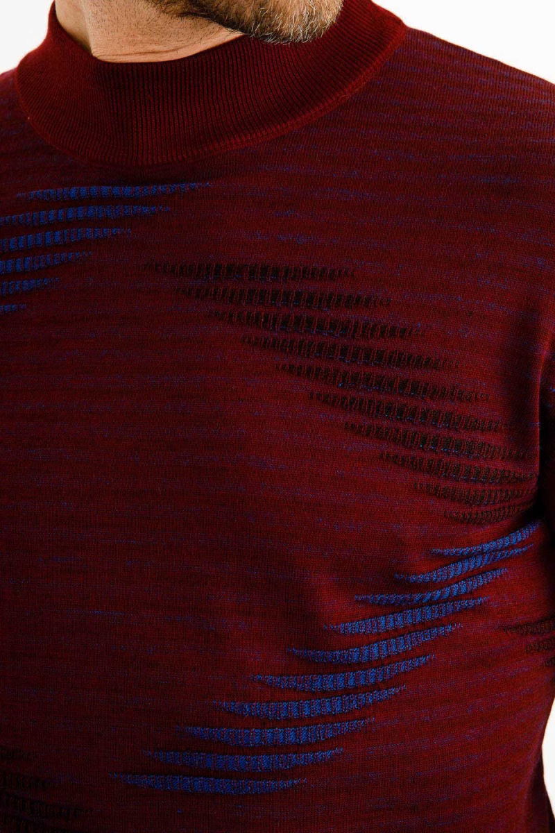 Desen Triko Erkek Renkli Dalga Desenli Yarım Balıkçı İnce Triko Kazak 02421632 Bordo - 4