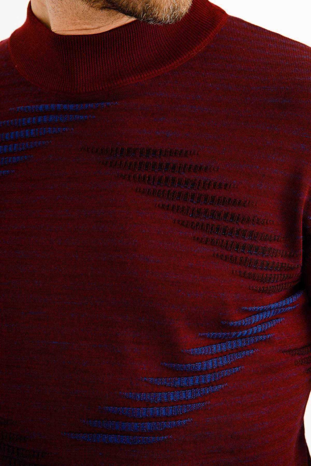 Desen Triko Erkek Renkli Dalga Desenli Yarım Balıkçı İnce Triko Kazak 02421632 Bordo - 4