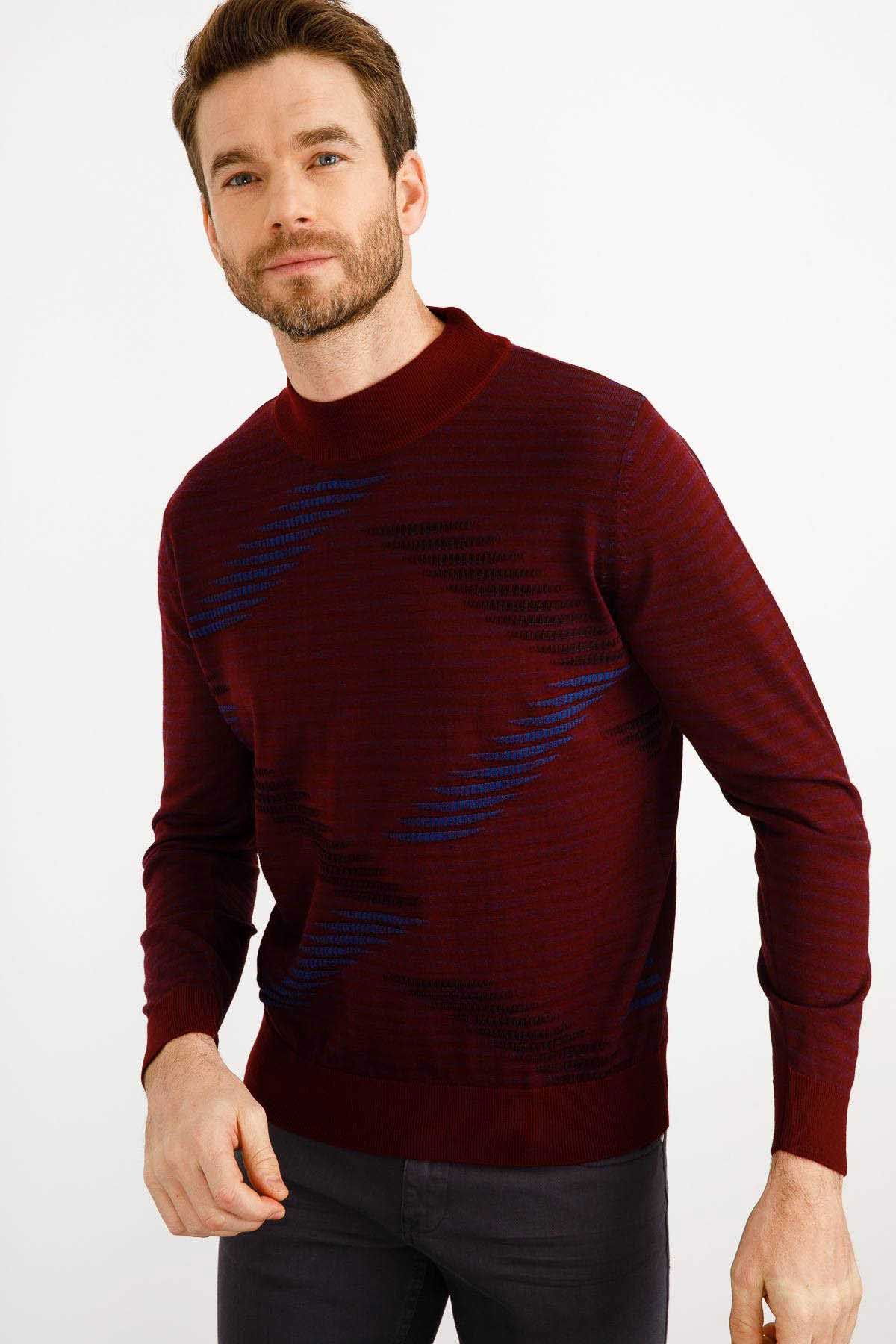 Desen Triko Erkek Renkli Dalga Desenli Yarım Balıkçı İnce Triko Kazak 02421632 Bordo - 5