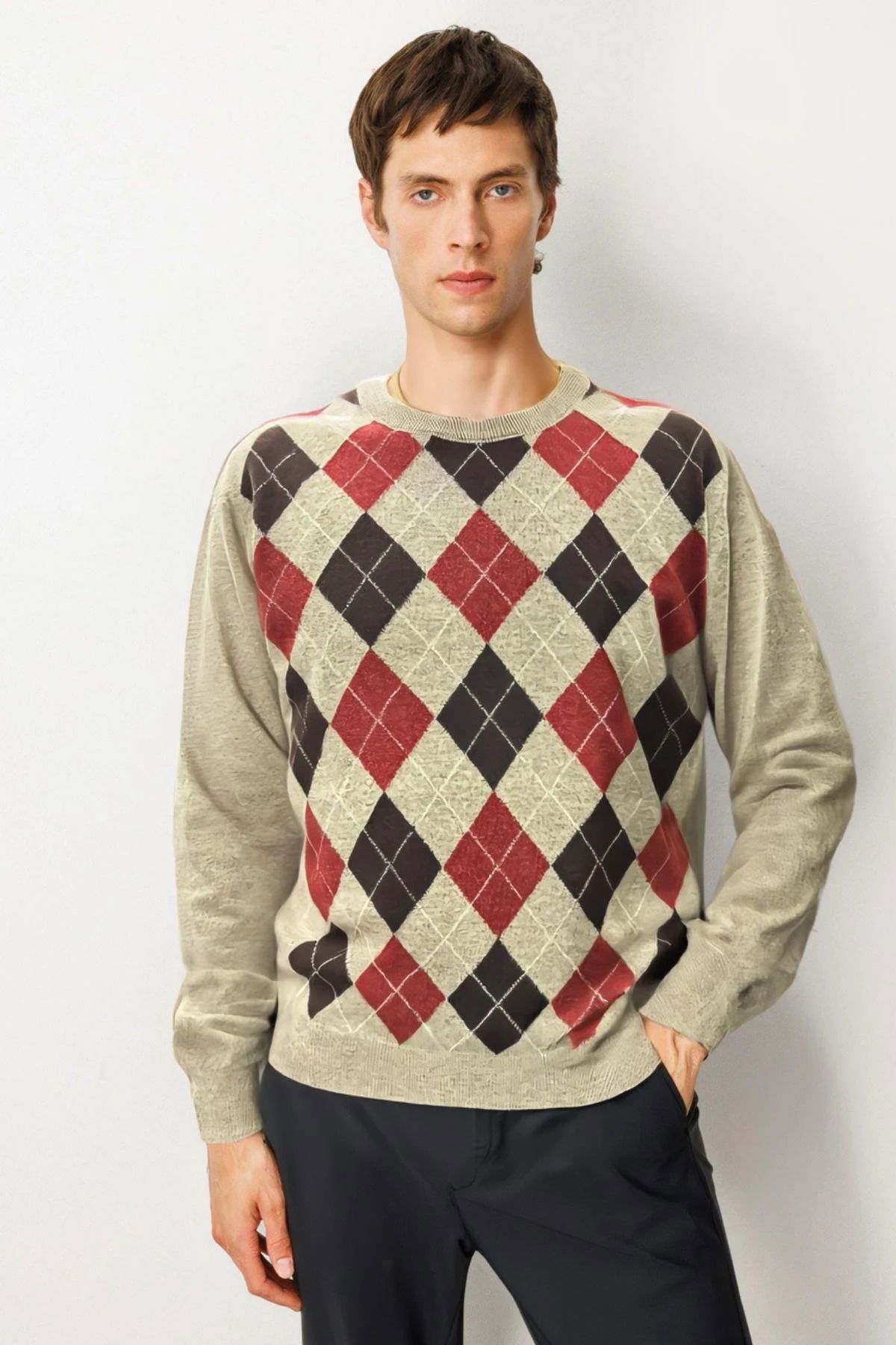 Desen Triko Erkek Sıfır Yaka Önü Baklava Desenli Kazak 24511 K. Bej - 1