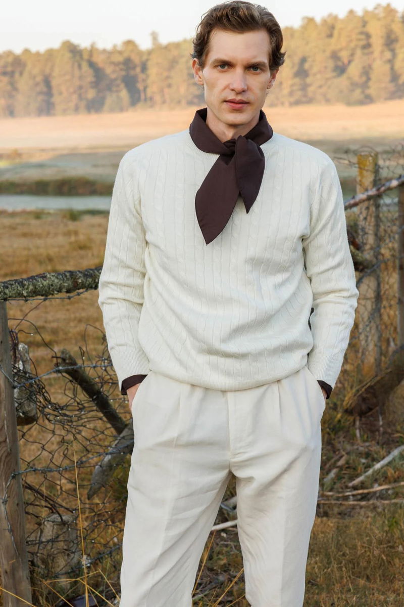 Desen Triko Erkek Sıfır Yaka Saç Örgülü Kazak 25500 Kemik - Desen Triko