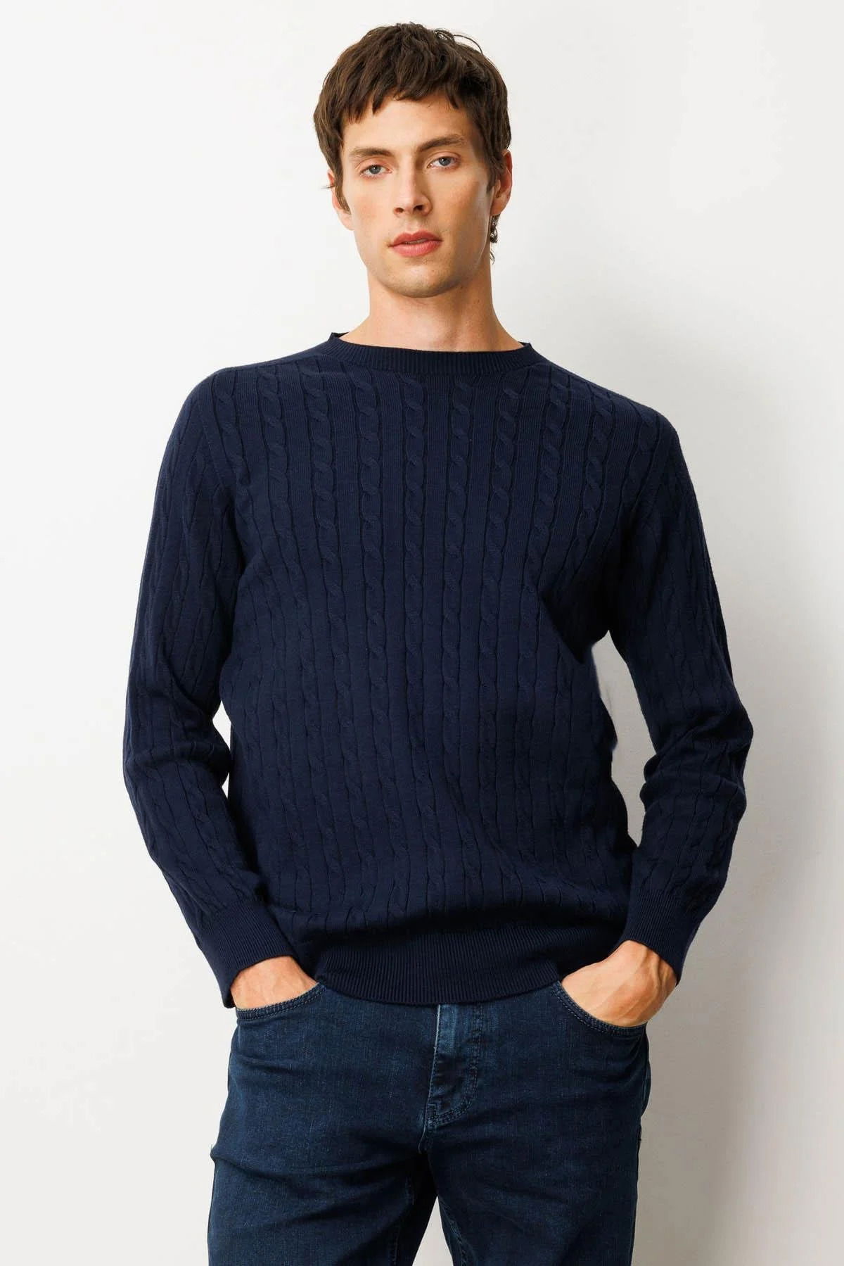 Desen Triko Erkek Sıfır Yaka Saç Örgülü Kazak 25500 Koyu Lacivert - 1