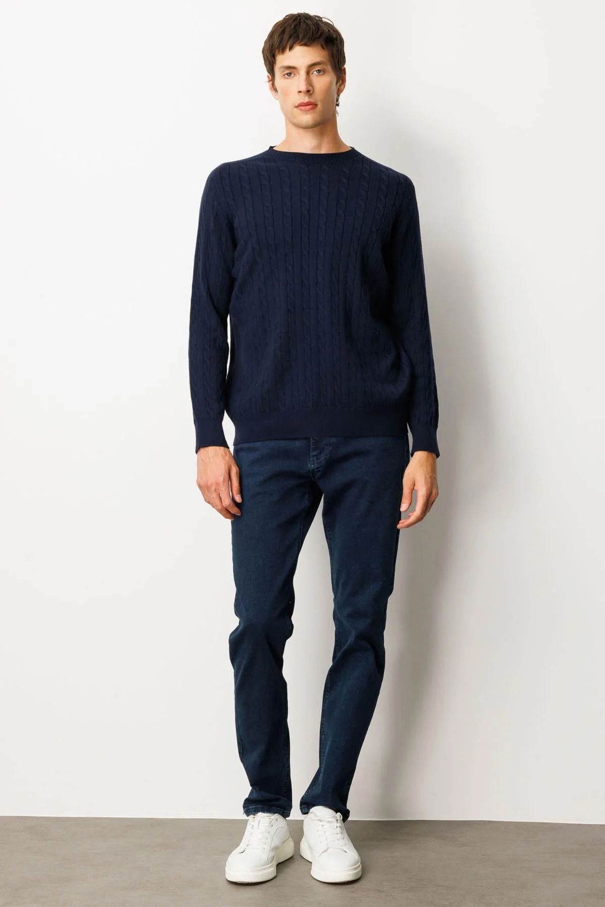 Desen Triko Erkek Sıfır Yaka Saç Örgülü Kazak 25500 Koyu Lacivert - 2