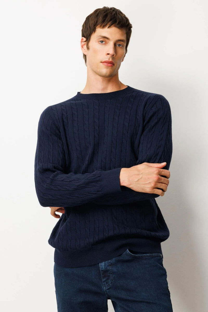 Desen Triko Erkek Sıfır Yaka Saç Örgülü Kazak 25500 Koyu Lacivert - 3