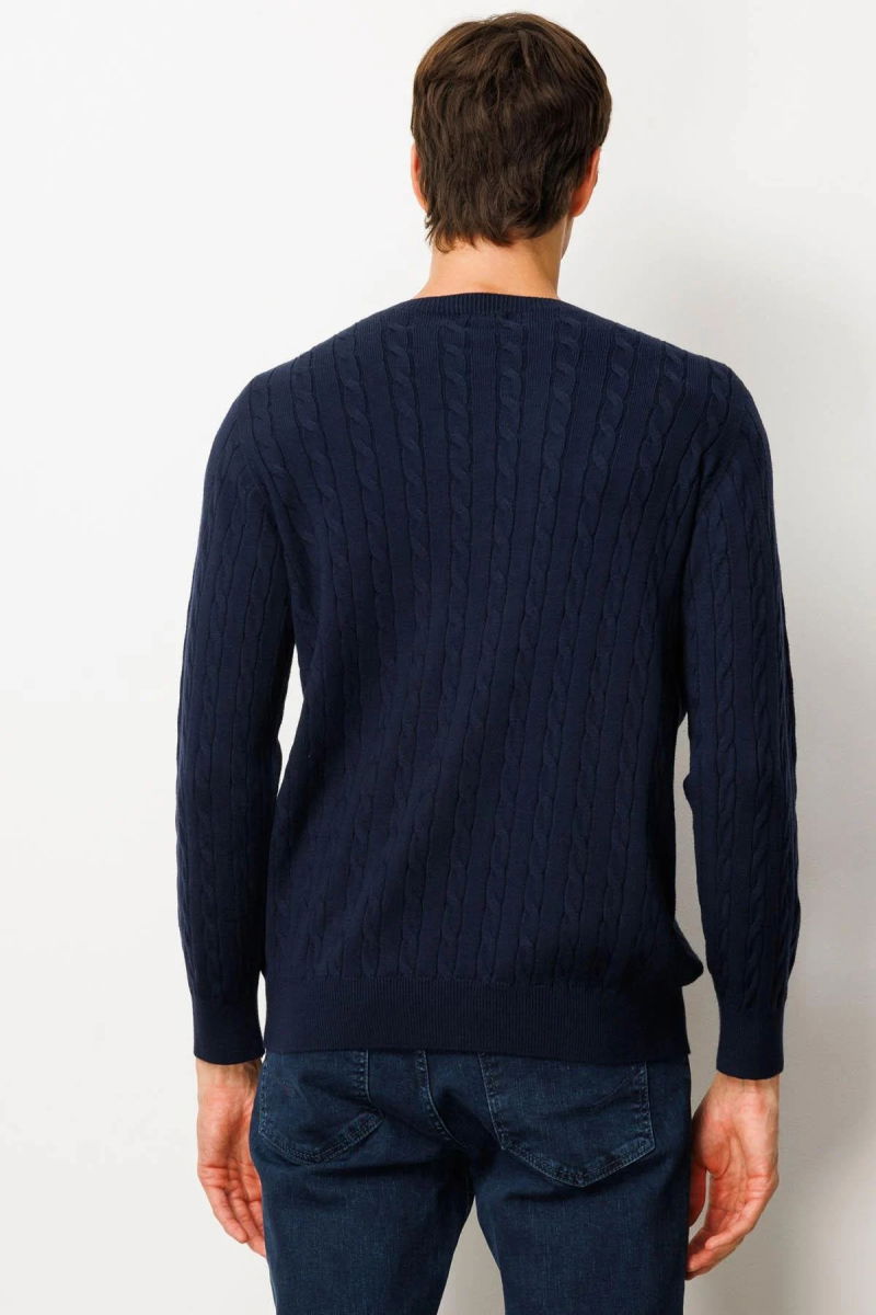 Desen Triko Erkek Sıfır Yaka Saç Örgülü Kazak 25500 Koyu Lacivert - 4