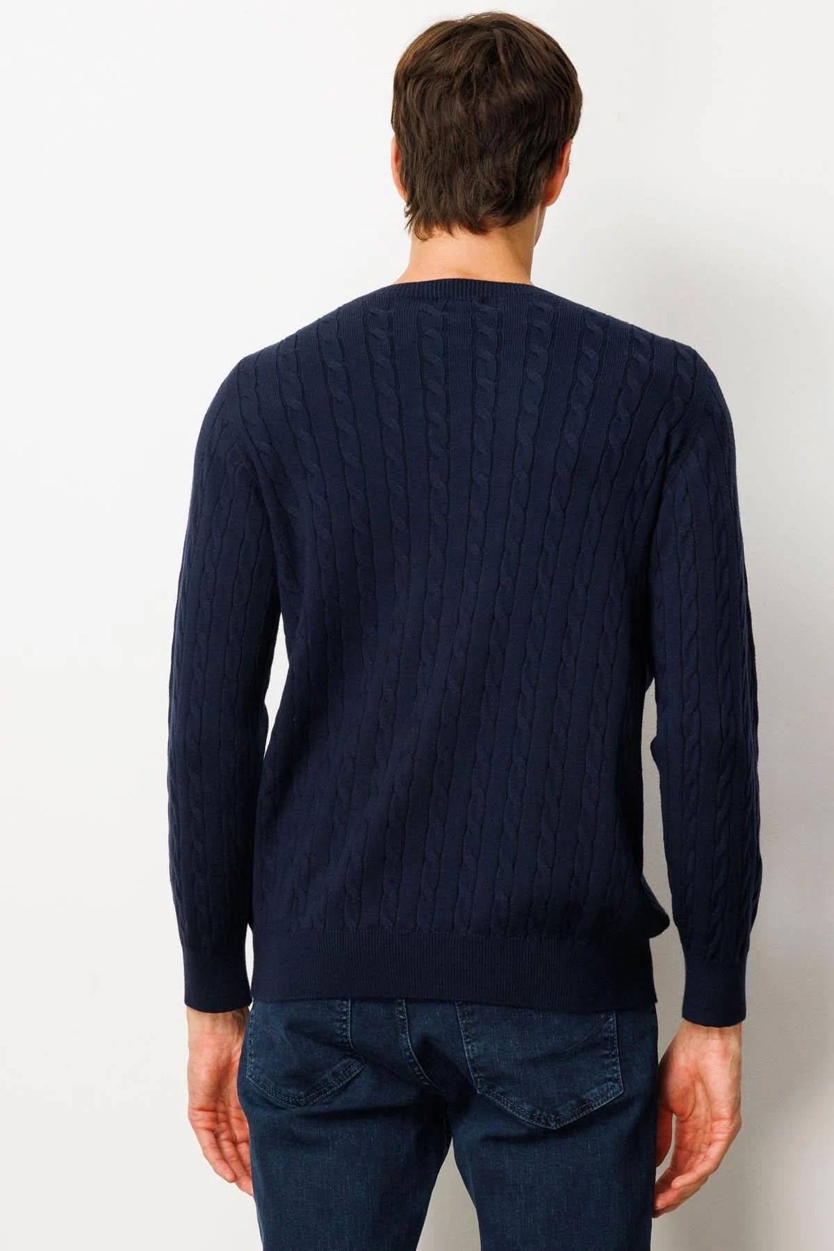 Desen Triko Erkek Sıfır Yaka Saç Örgülü Kazak 25500 Koyu Lacivert - 4