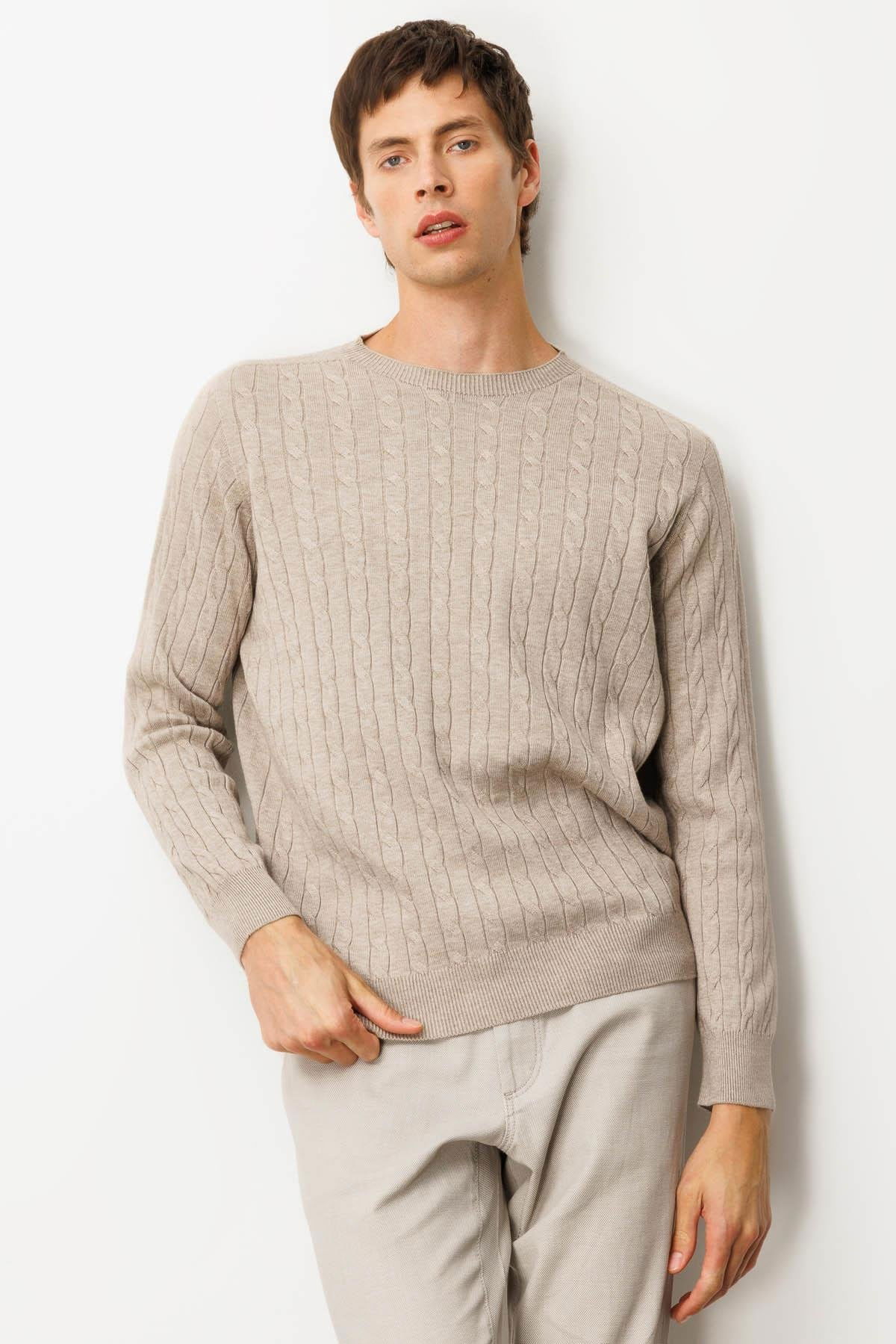 Desen Triko Erkek Sıfır Yaka Saç Örgülü Kazak 25500 Vizon - 1