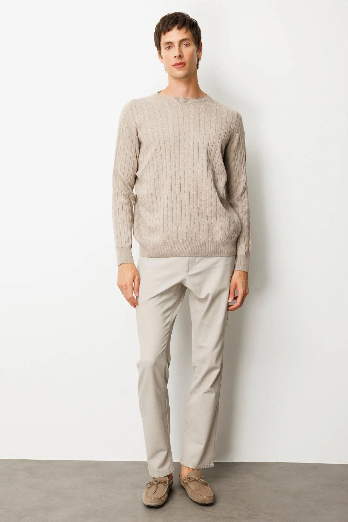 Desen Triko Erkek Sıfır Yaka Saç Örgülü Kazak 25500 Vizon - 2