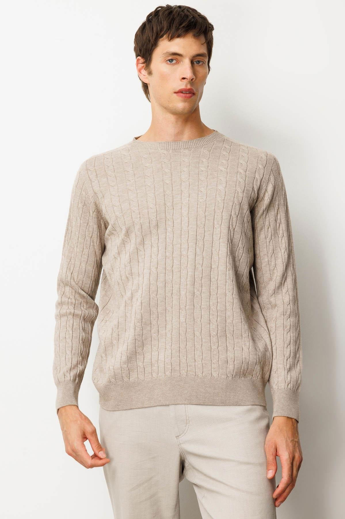 Desen Triko Erkek Sıfır Yaka Saç Örgülü Kazak 25500 Vizon - 3