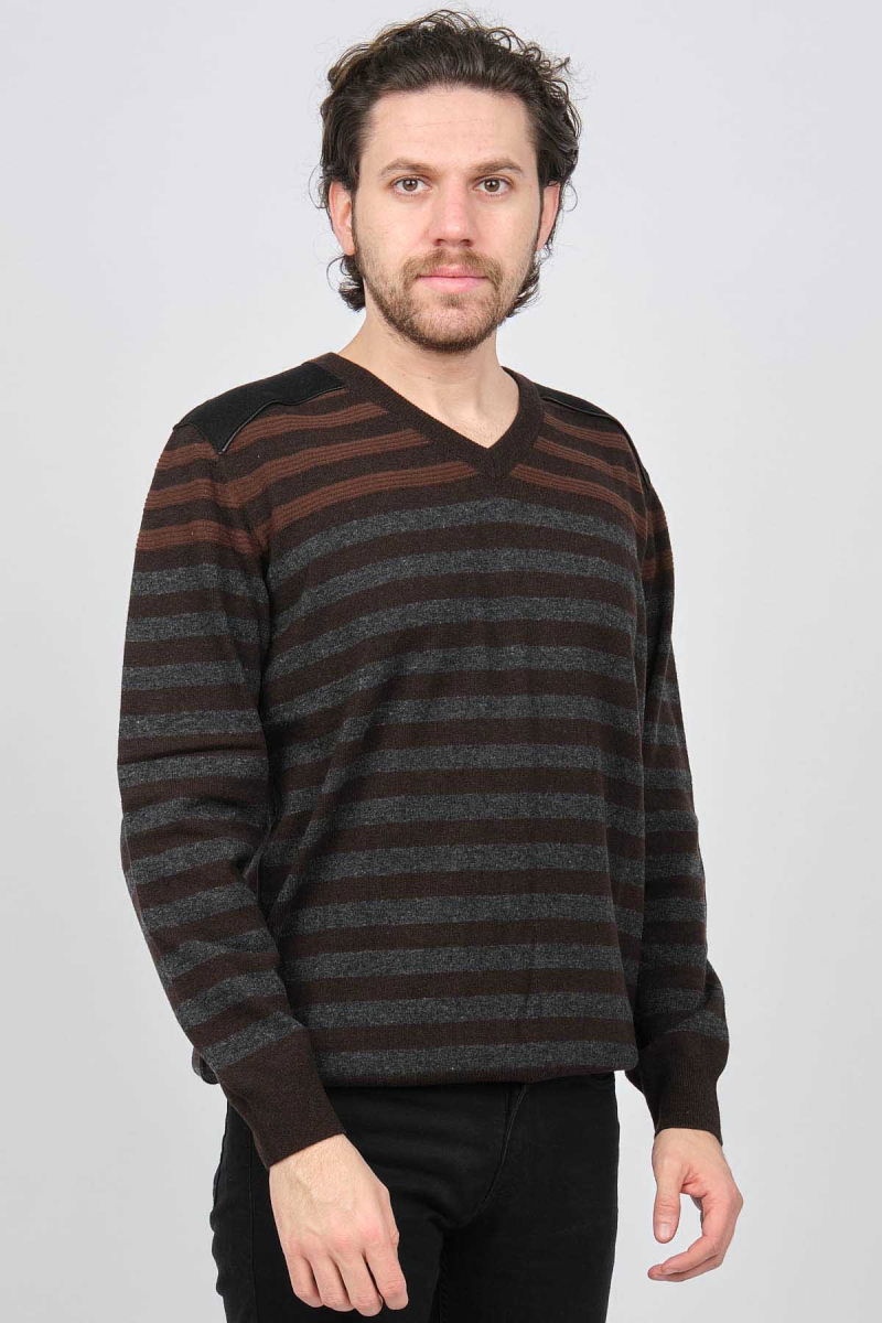 Desen Triko Erkek V Yaka Desenli Saf Yün Kazak 0246546 Kahverengi - Desen Triko