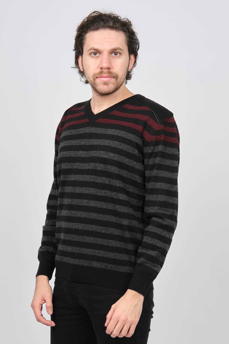 Desen Triko Erkek V Yaka Desenli Saf Yün Kazak 0246546 Siyah - Desen Triko