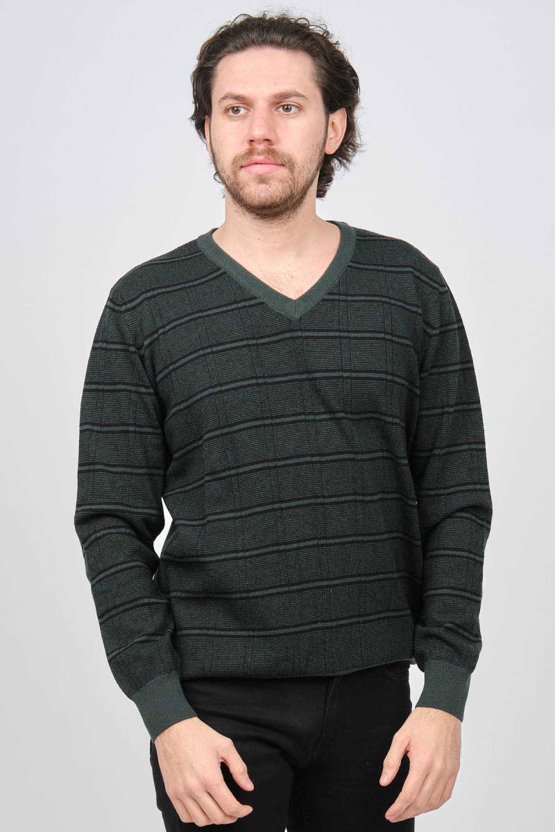 Desen Triko Erkek V Yaka Desenli Saf Yün Kazak 0246569 Yeşil - Desen Triko