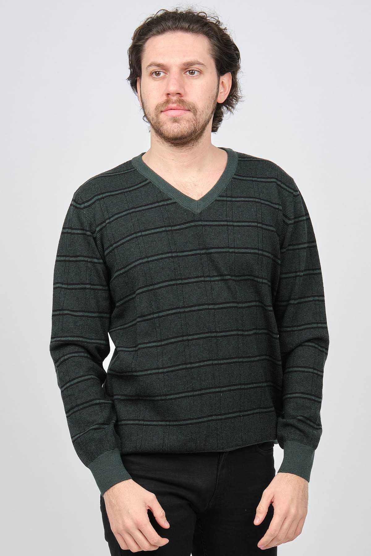 Desen Triko Erkek V Yaka Desenli Saf Yün Kazak 0246569 Yeşil - 1