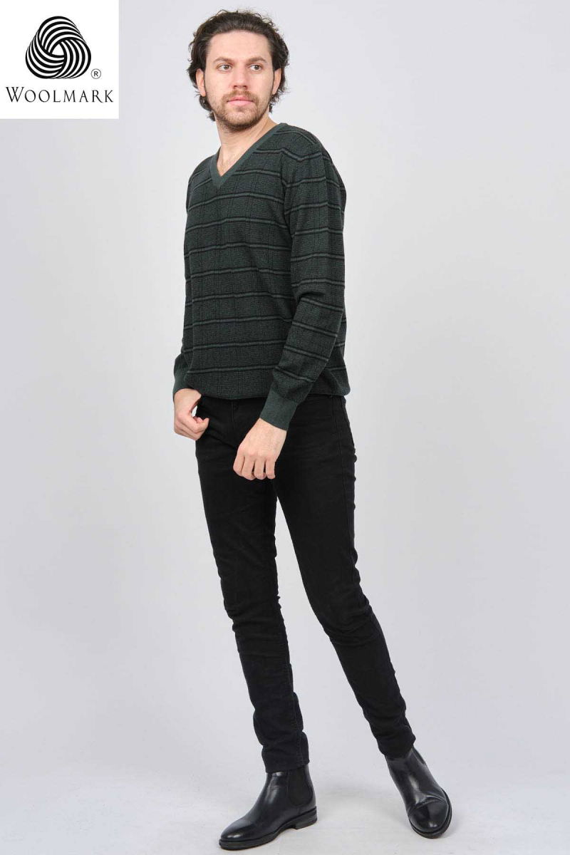 Desen Triko Erkek V Yaka Desenli Saf Yün Kazak 0246569 Yeşil - 2