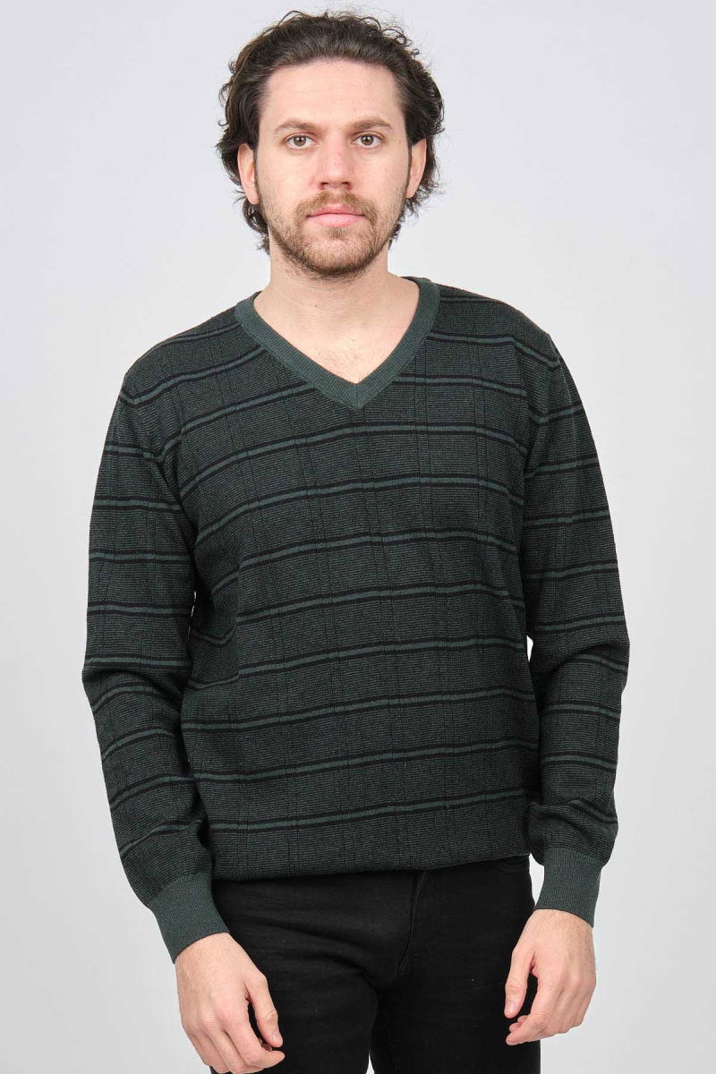Desen Triko Erkek V Yaka Desenli Saf Yün Kazak 0246569 Yeşil - 3