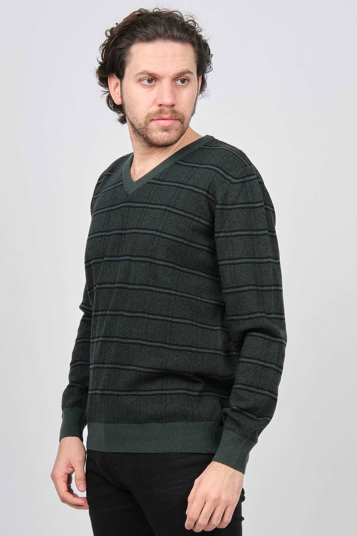 Desen Triko Erkek V Yaka Desenli Saf Yün Kazak 0246569 Yeşil - 6